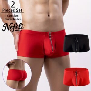 2pcs Low Waist Briefs New Style Men's Underwear with Front Zipper Black Red
