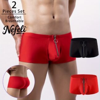 2pcs Low Waist Briefs New Style Men's Underwear with Front Zipper Black Red