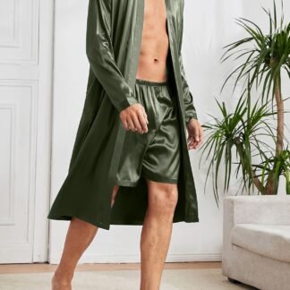 Men's 2-Piece Solid Satin Pajama Set – Lace-Up Robe & Loose Shorts