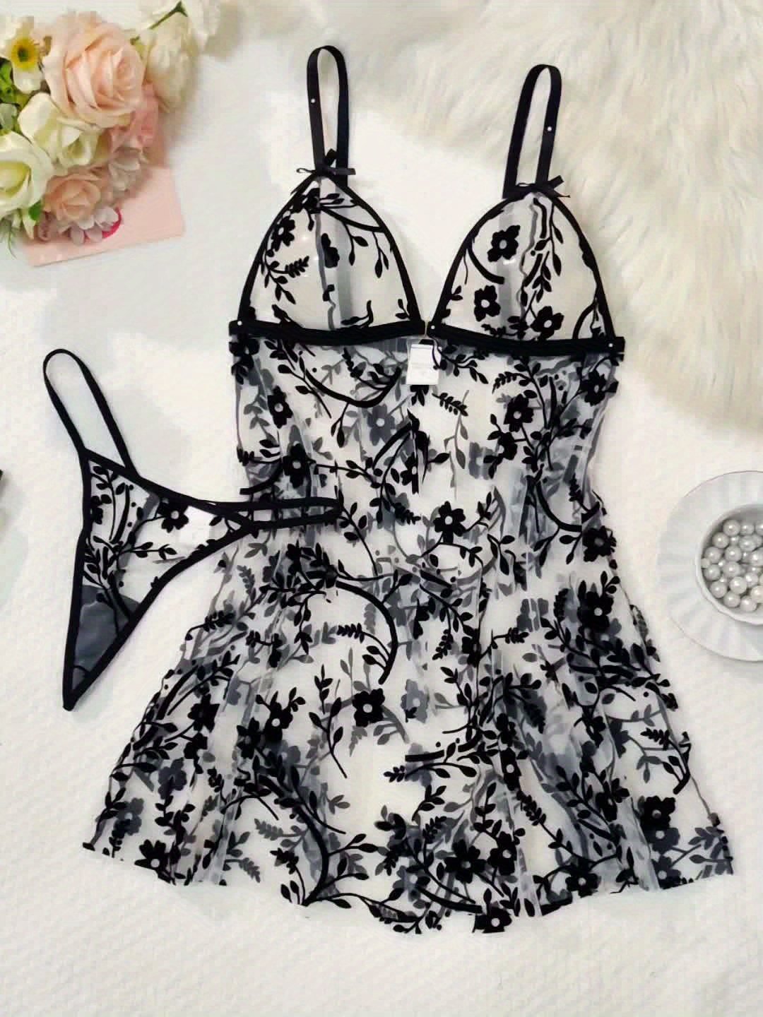 Floral Mesh Front-Button Nightgown and Robe Set - Image 7