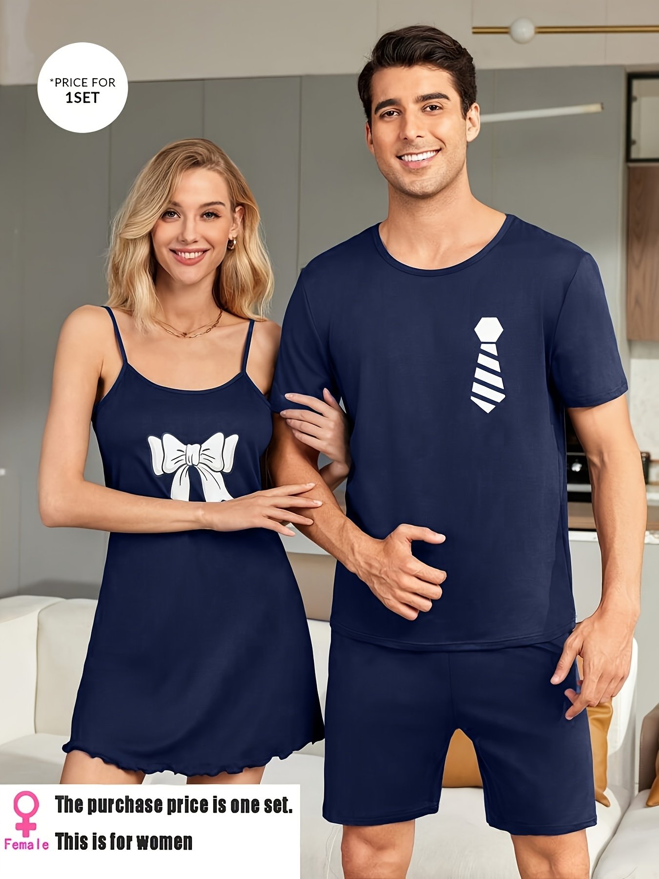 Couples Matching Bow tie and tie Pajama Set- Navy Blue - Image 2