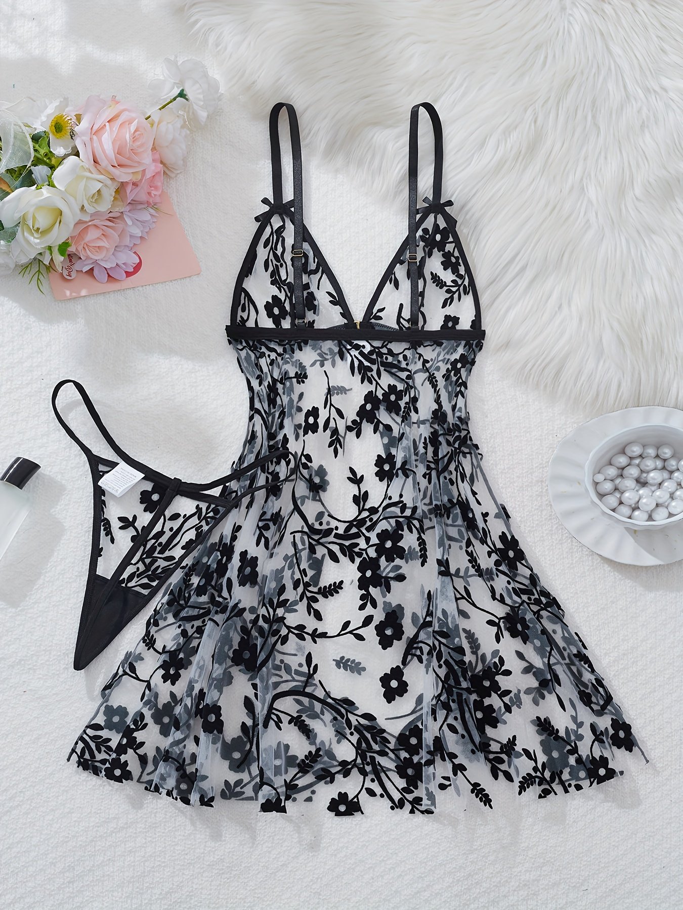 Floral Mesh Front-Button Nightgown and Robe Set - Image 2
