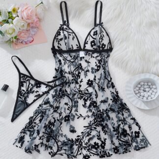 Floral Mesh Front-Button Nightgown and Robe Set