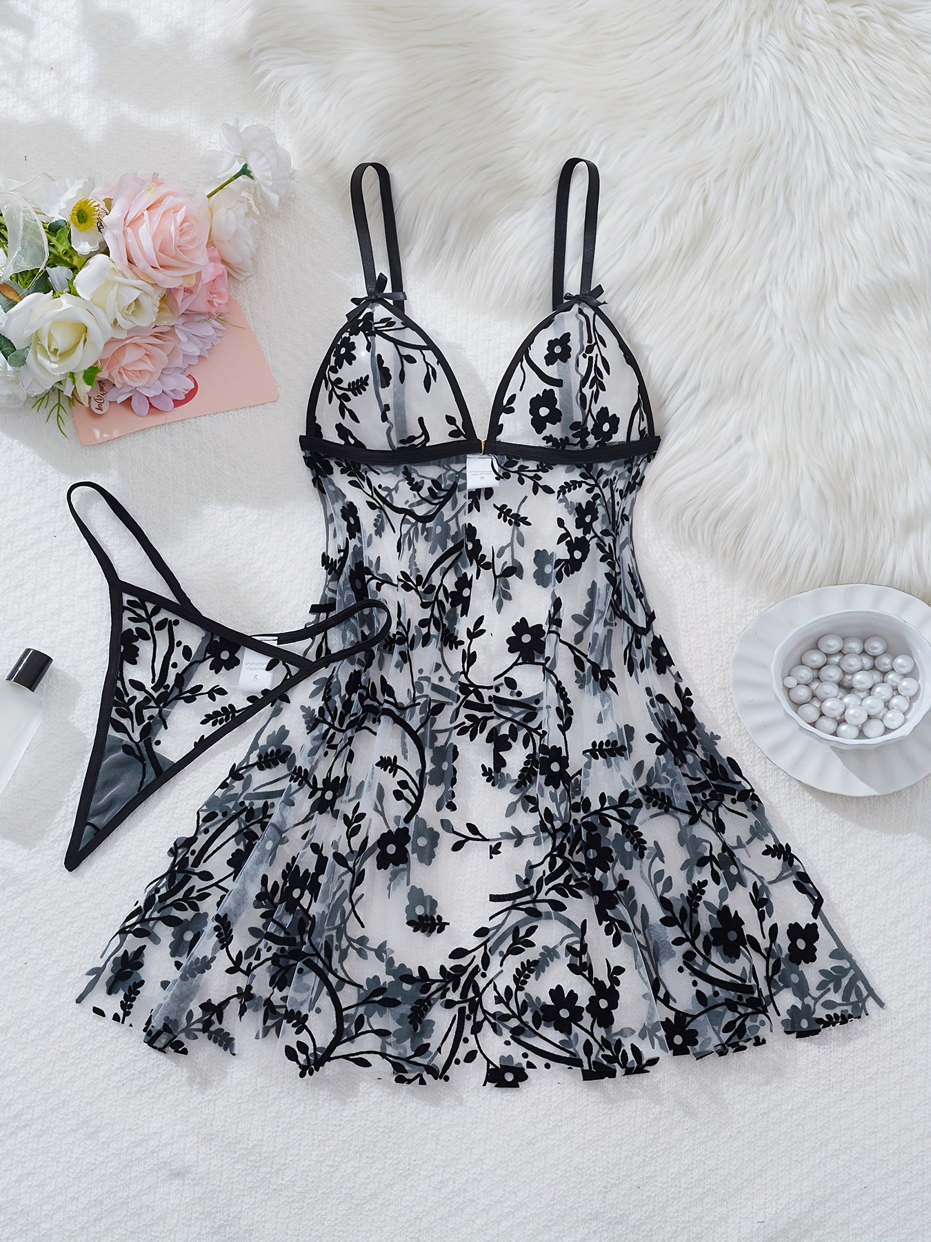 Floral Mesh Front-Button Nightgown and Robe Set