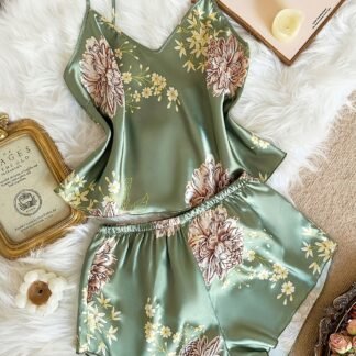 Women's 2-Piece Emerald Floral Satin Pajama Set – V-Neck Top & Ruffled Shorts