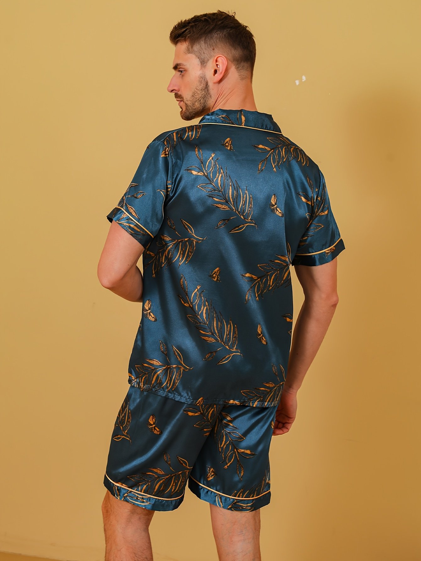 Men's Botanical Satin Pajama Set – Lapel Shirt & Shorts - Image 5