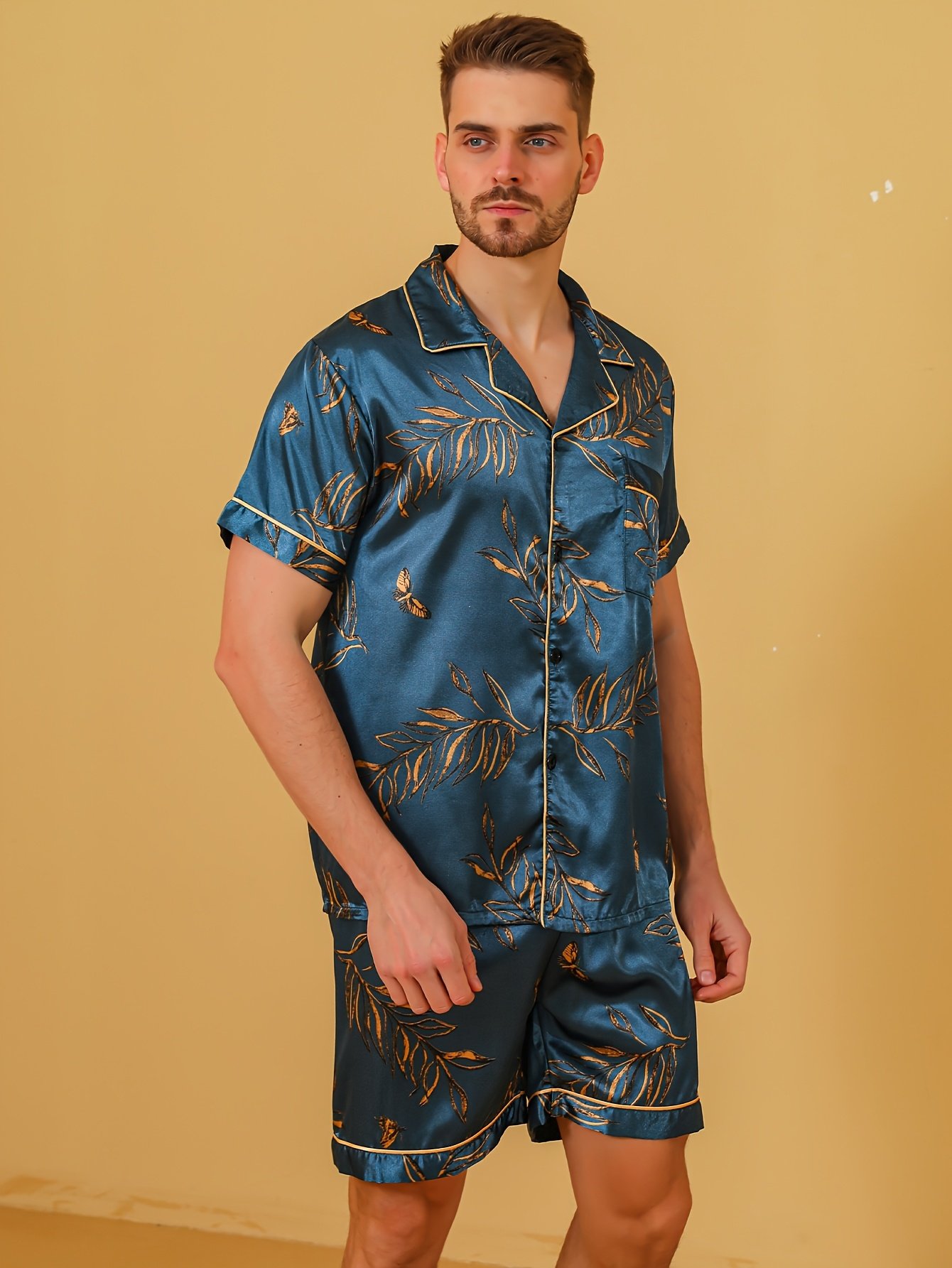 Men's Botanical Satin Pajama Set – Lapel Shirt & Shorts - Image 3