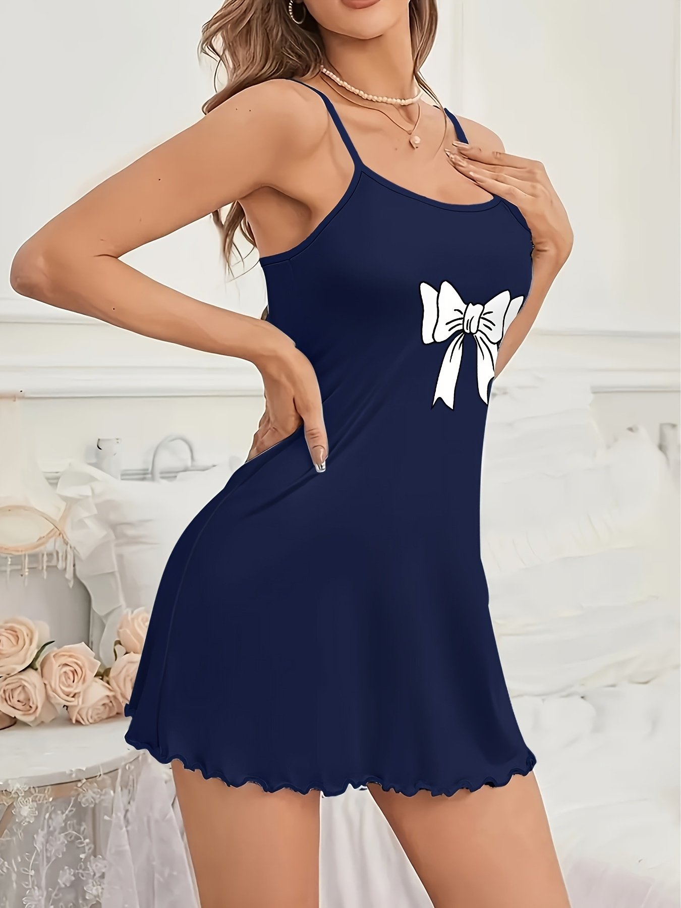 Couples Matching Bow tie and tie Pajama Set- Navy Blue - Image 10