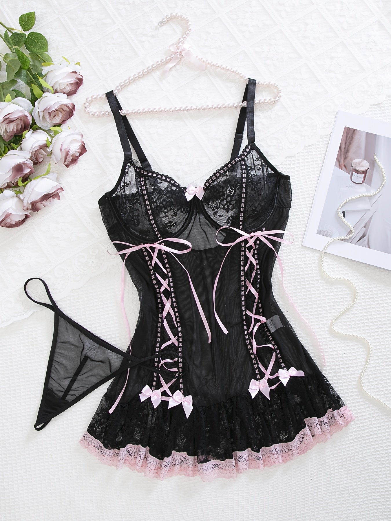 Sexy Black & Pink Lace Lingerie