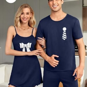 Couples Matching Bow tie and tie Pajama Set- Navy Blue