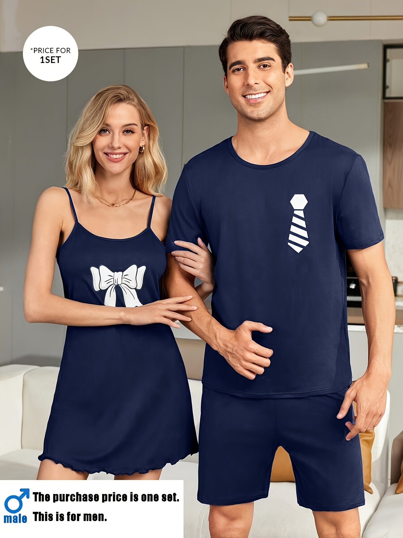 Couples Matching Bow tie and tie Pajama Set- Navy Blue