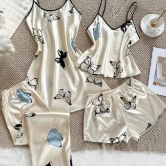 Women's 4-Piece Butterfly Print Pajama Set – Camisole, Shorts, Pants & Nightgown