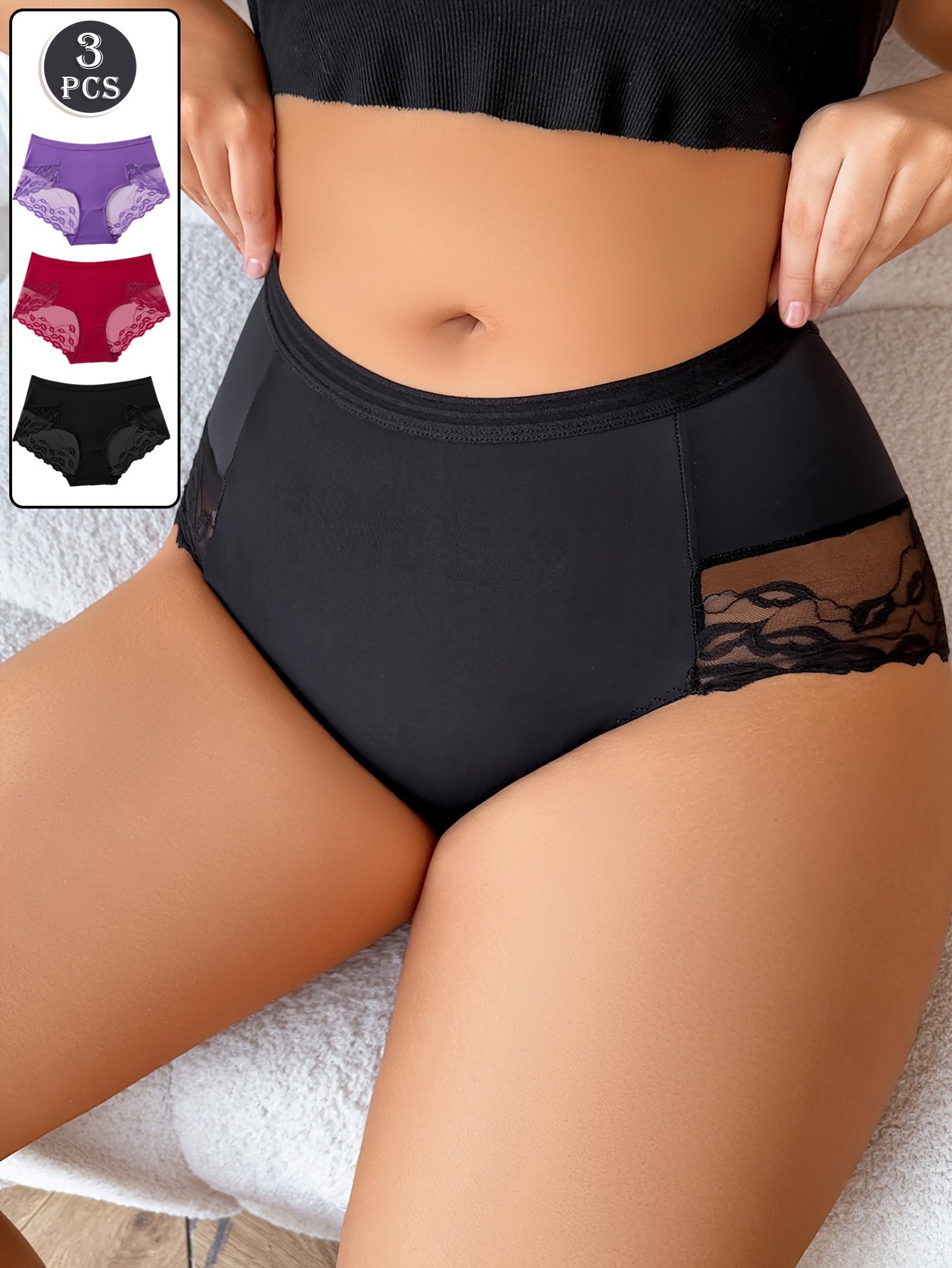 3 Pack Mid-Waist Solid Color Panties with Lip Print - Image 5