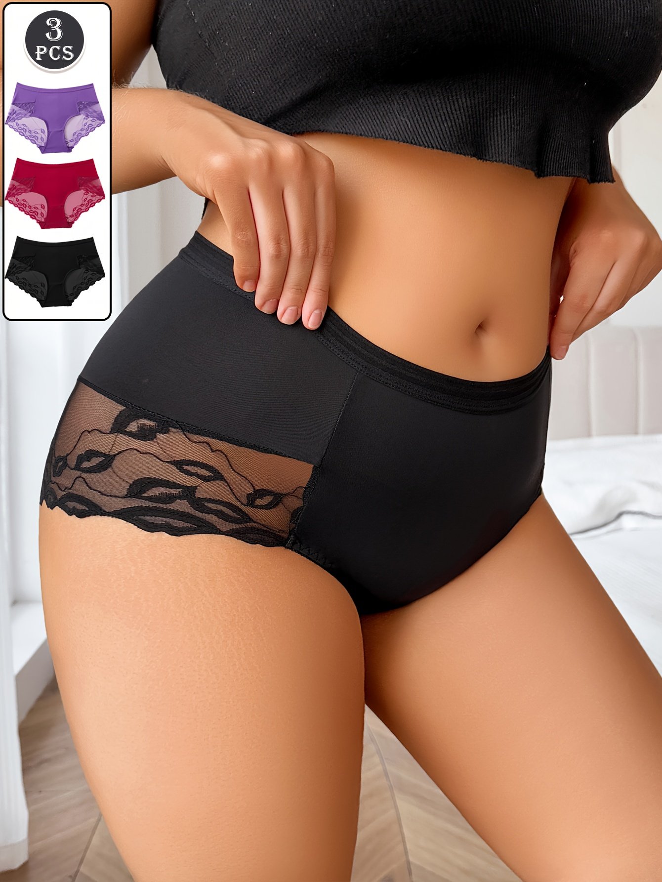 3 Pack Mid-Waist Solid Color Panties with Lip Print - Image 4