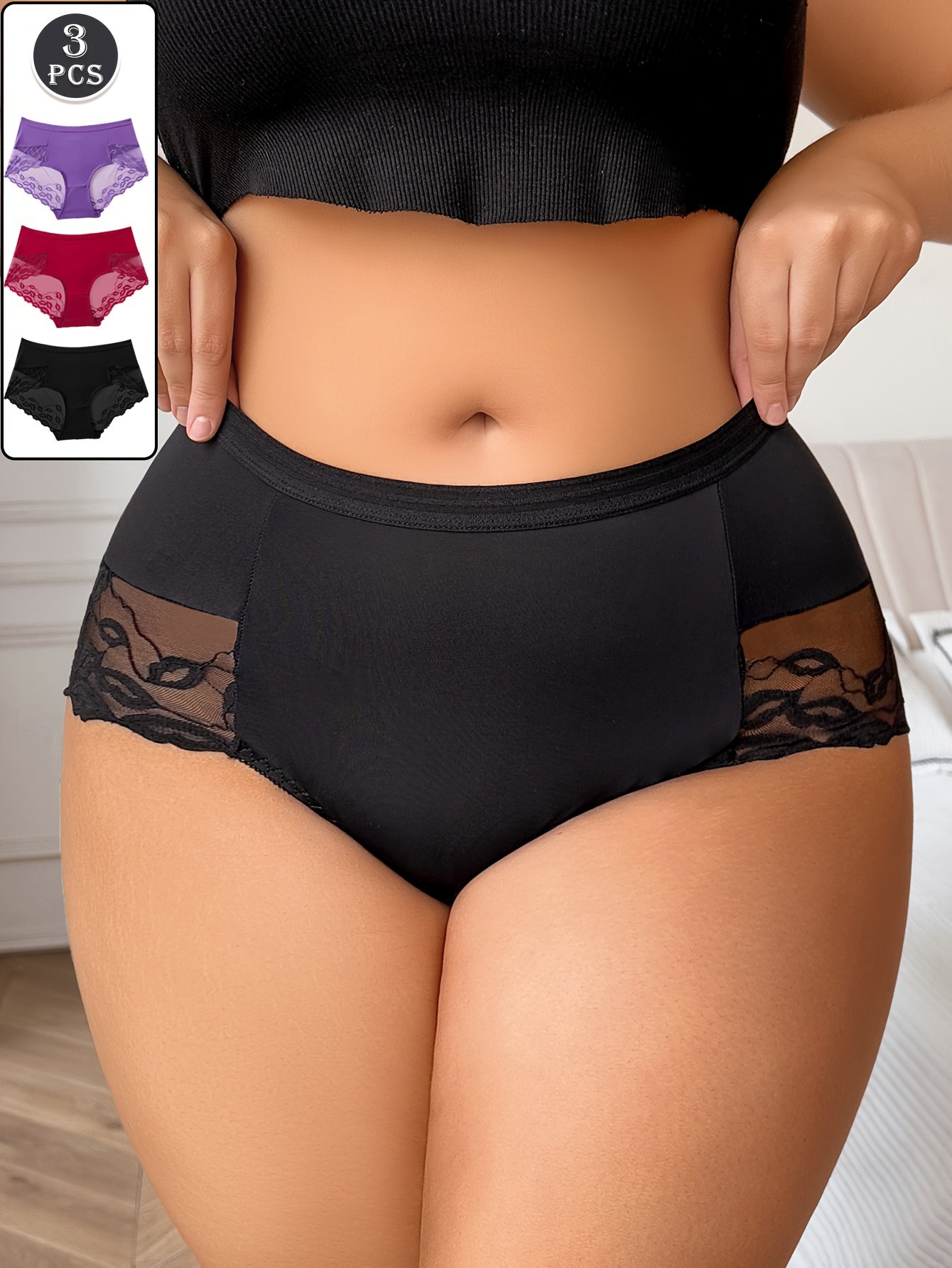 3 Pack Mid-Waist Solid Color Panties with Lip Print - Image 2