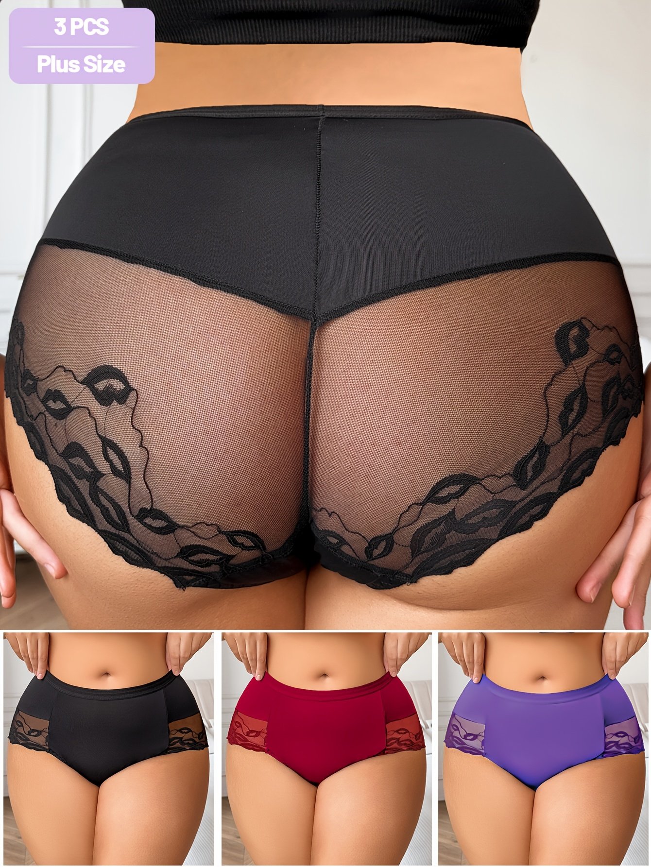 3 Pack Mid-Waist Solid Color Panties with Lip Print