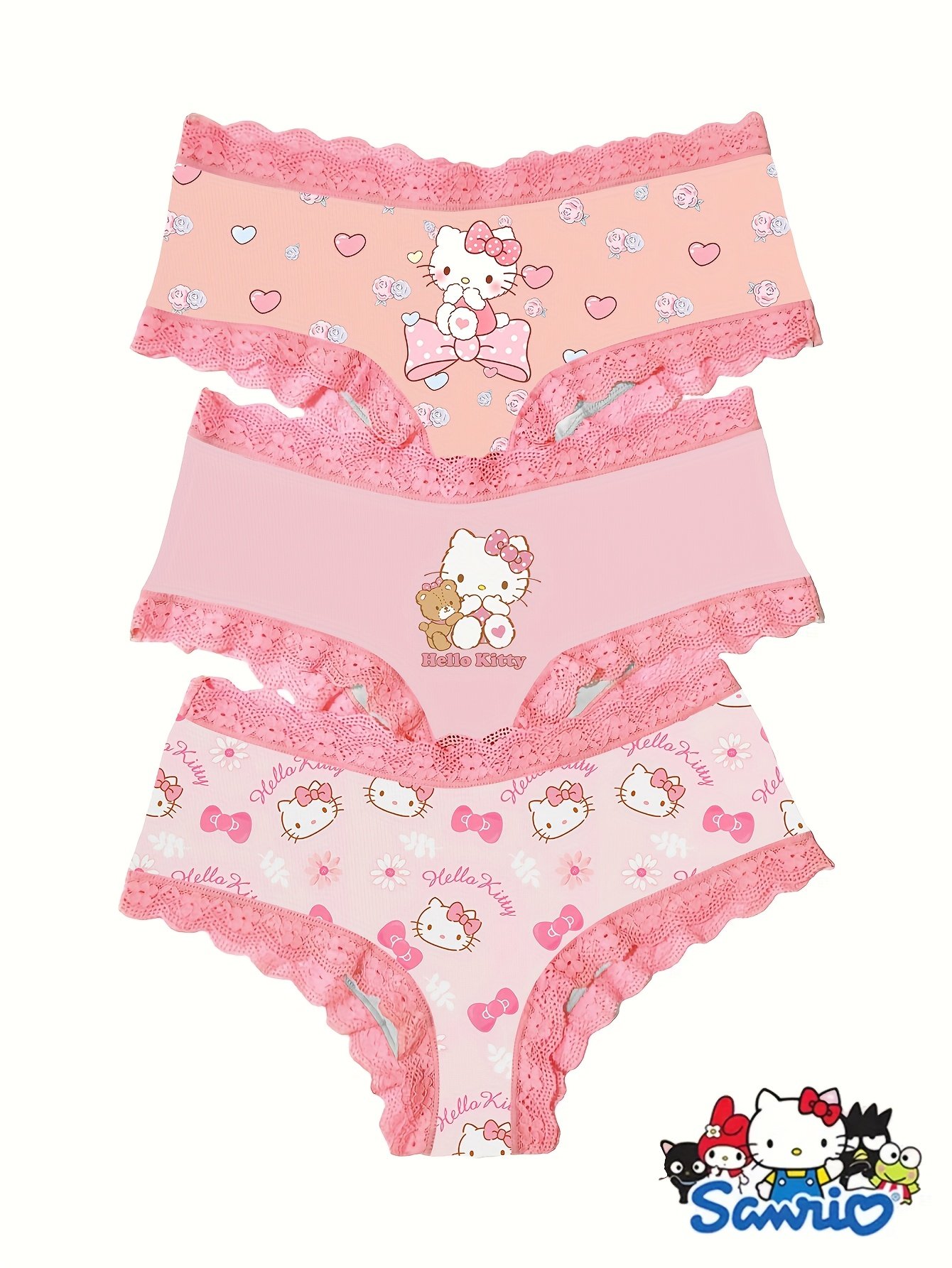 3 Pack Hello Kitty Pink Lace Print Underwear