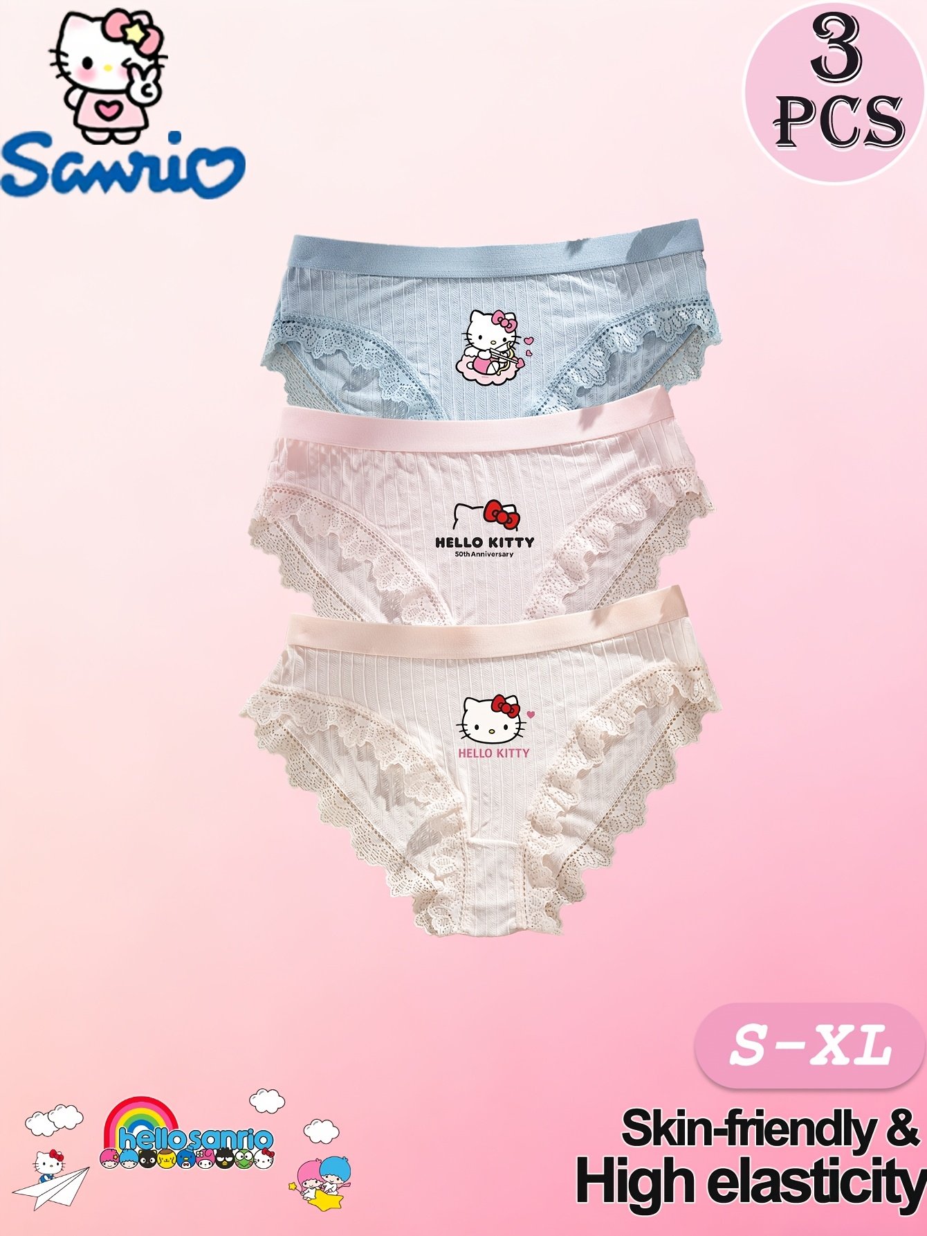 3 Pack Hello Kitty Lace Trim Cartoon Briefs