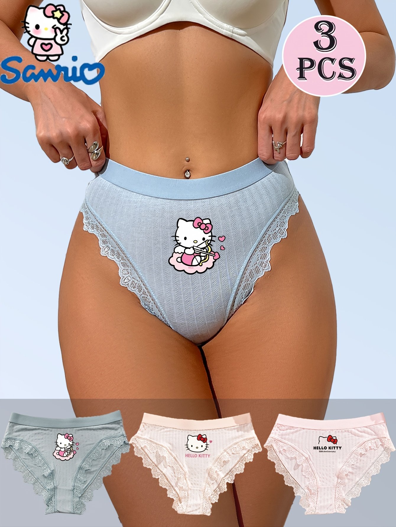 3 Pack Hello Kitty Lace Trim Cartoon Briefs - Image 2