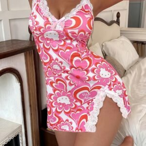 Hello Kitty Deep V Printed Patchwork Lace Slit Nightdress