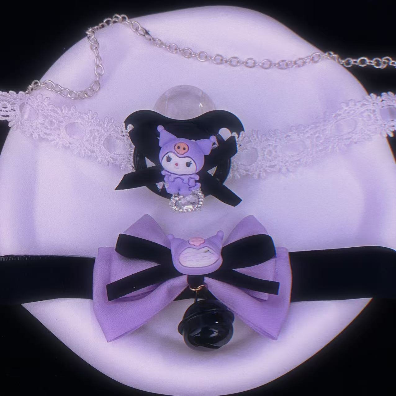 Sanrio Kuromi Lace Soft Silicone Mouth Plug, Adult Pacifier, Cute Couple Sleeping Accessory, Cartoon Bell Neck Ring