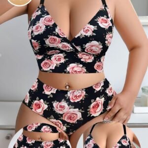 Lingerie Set with Floral Print, Featuring Adjustable Straps for Seamless Wear Suitable for Various Everyday Occasions