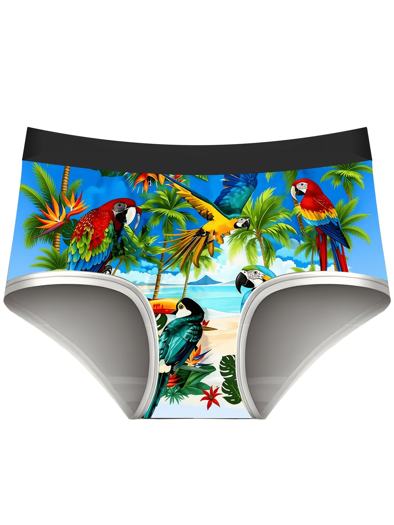 3-Pack Parrot Beach Fun Cartoon Digital Print Plus-Size Women's Knitted Stretch Fashion Panties, Comfortable and Breathable Plus-Size Women's Underwear